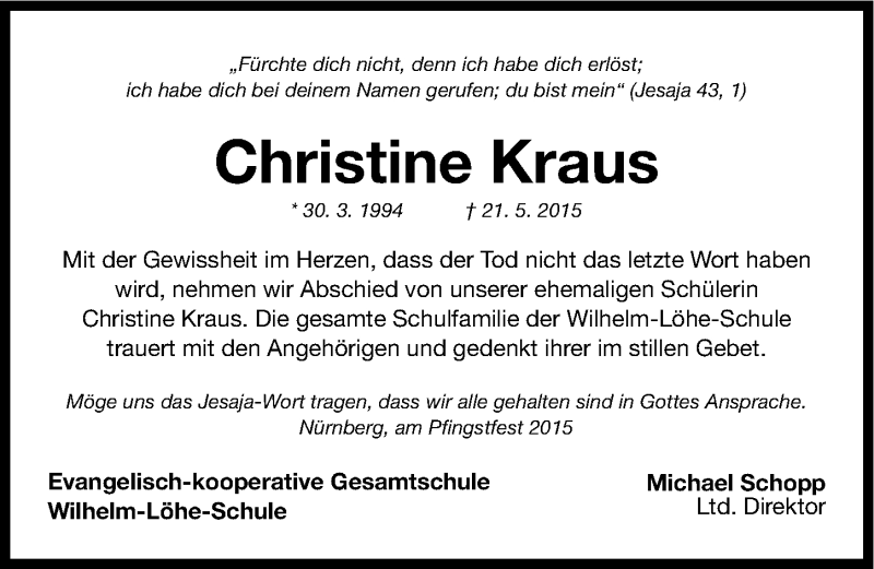  Traueranzeige für Christine  Kraus vom 23.05.2015 aus Gesamtausgabe Nürnberger Nachrichten/ Nürnberger Ztg.