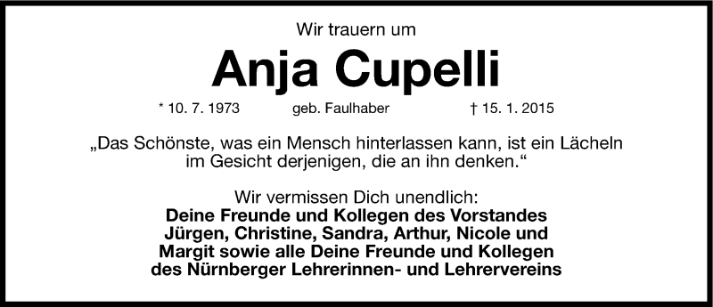  Traueranzeige für Anja Cupelli vom 21.01.2015 aus Gesamtausgabe Nürnberger Nachrichten/ Nürnberger Ztg.