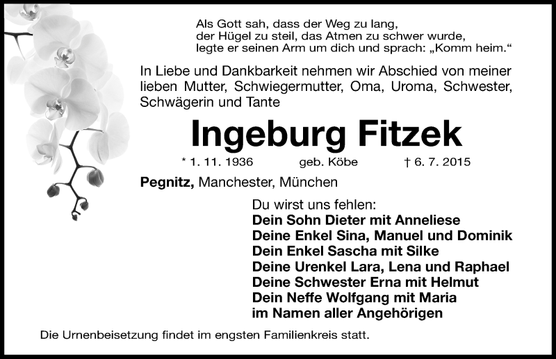  Traueranzeige für Ingeburg Fitzek vom 08.07.2015 aus Nordbayerische Nachrichten Pegnitz Lokal