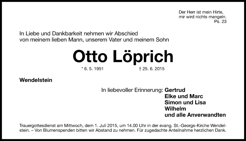  Traueranzeige für Otto Löprich vom 27.06.2015 aus Gesamtausgabe Nürnberger Nachrichten/ Nürnberger Ztg.