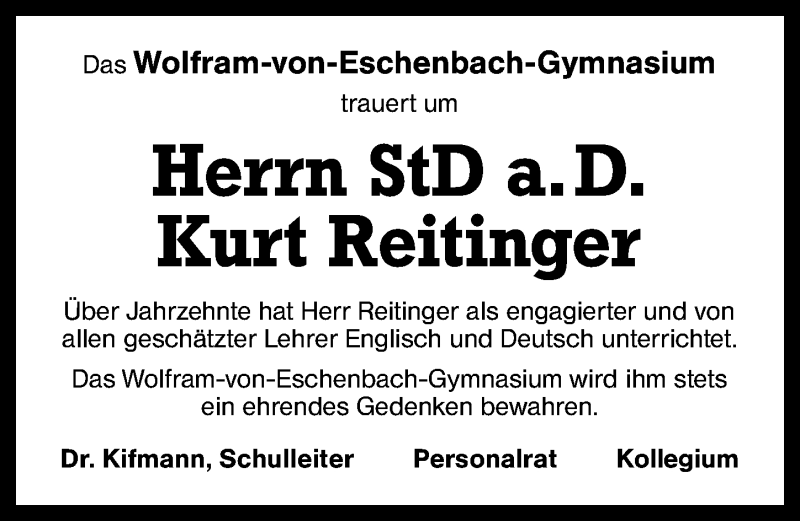  Traueranzeige für Kurt Reitinger vom 13.07.2015 aus Schwabach