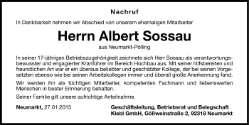 Traueranzeige von Albert Sossau von Neumarkter Nachrichten Lokal