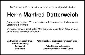 Traueranzeige von Manfred Dotterweich von Nordbayerische Nachrichten Forchheim Lokal