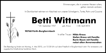 Traueranzeige von Betti Wittmann von Fürther Nachrichten Lokal
