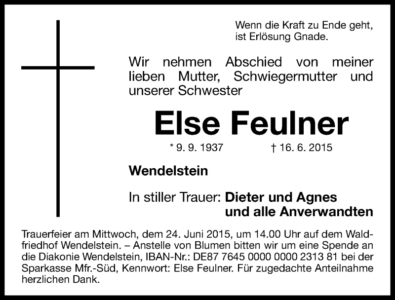  Traueranzeige für Else Feulner vom 20.06.2015 aus Gesamtausgabe Nürnberger Nachrichten/ Nürnberger Ztg.