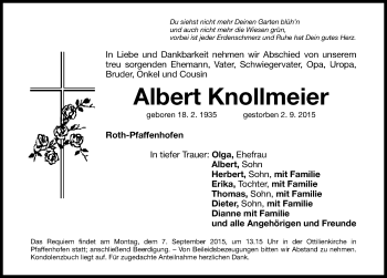 Traueranzeige von Albert Knollmeier von Roth-Hilpoltsteiner Volkszeitung Lokal