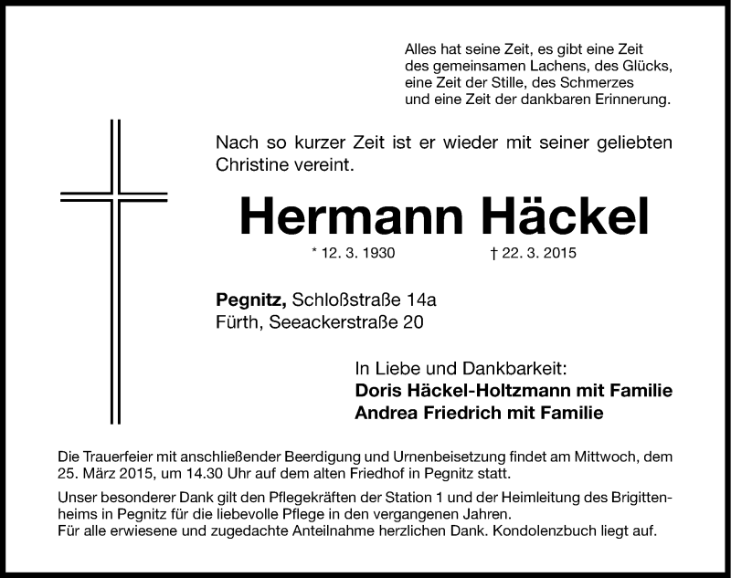  Traueranzeige für Hermann Häckel vom 23.03.2015 aus Nordbayerische Nachrichten Pegnitz Lokal