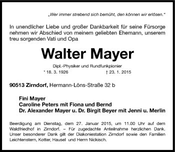 Traueranzeige von Walter Mayer von Fürther Nachrichten Lokal