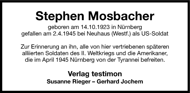  Traueranzeige für Stephen Mosbacher vom 02.04.2015 aus Gesamtausgabe Nürnberger Nachrichten/ Nürnberger Ztg.