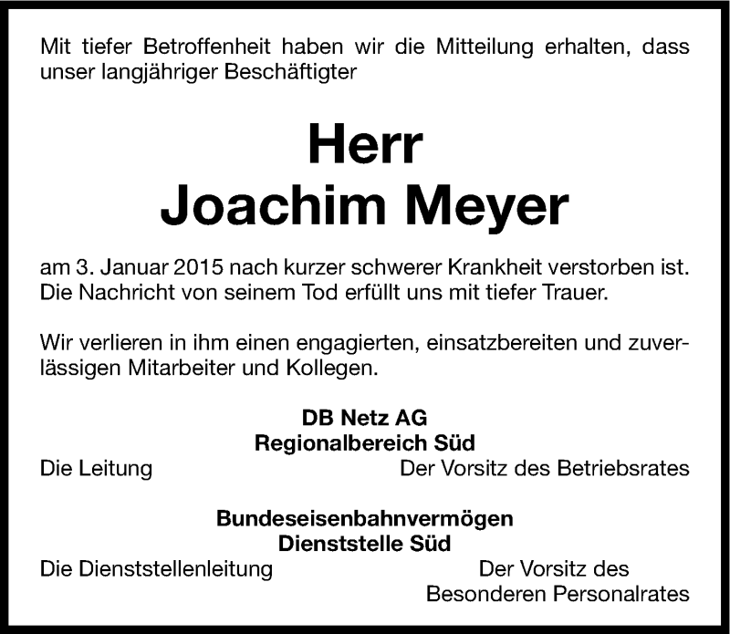  Traueranzeige für Joachim Meyer vom 08.01.2015 aus Nordbayerische Nachrichten Pegnitz Lokal