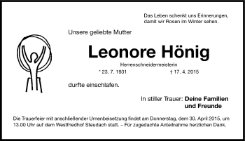 Traueranzeige von Leonore Hönig von Erlanger Nachrichten Lokal