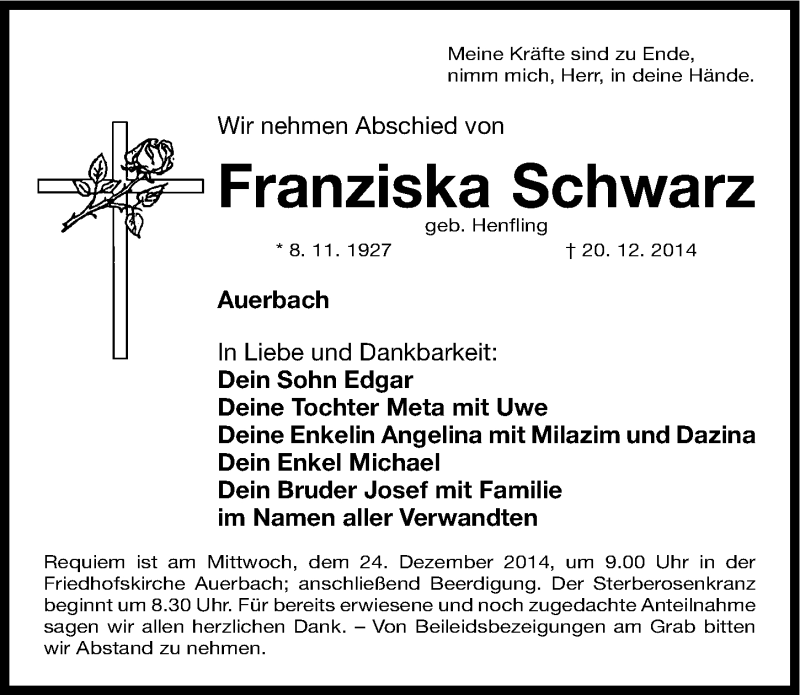  Traueranzeige für Franziska Schwarz vom 22.12.2014 aus Nordbayerische Nachrichten Pegnitz Lokal