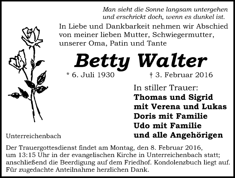  Traueranzeige für Betty Walter vom 06.02.2016 aus Schwabach