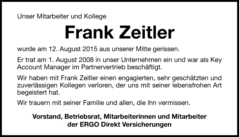  Traueranzeige für Frank Zeitler vom 09.09.2015 aus Gesamtausgabe Nürnberger Nachrichten/ Nürnberger Ztg.