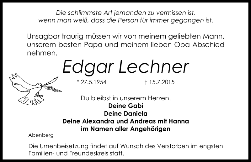  Traueranzeige für Edgar Lechner vom 18.07.2015 aus Schwabach