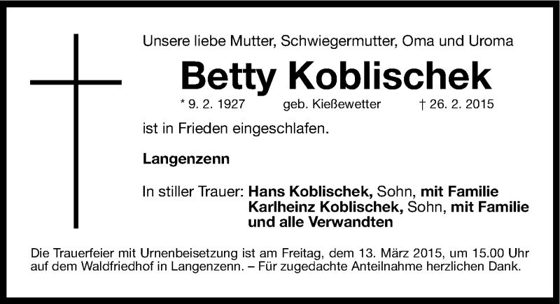  Traueranzeige für Betty Koblischek vom 10.03.2015 aus G,HFN
