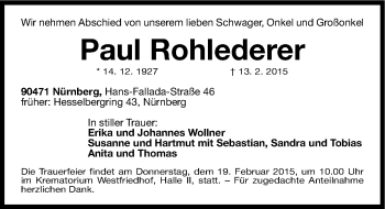 Traueranzeige von Paul Rohlederer von Gesamtausgabe Nürnberger Nachrichten/ Nürnberger Ztg.