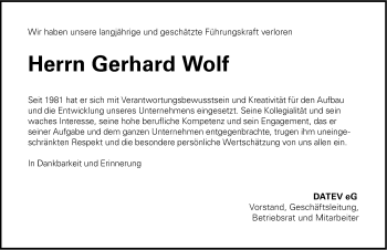 Traueranzeige von Gerhard Wolf von Gesamtausgabe Nürnberger Nachrichten/ Nürnberger Ztg.