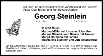 Traueranzeige von Georg Steinlein von Gesamtausgabe Nürnberger Nachrichten/ Nürnberger Ztg.