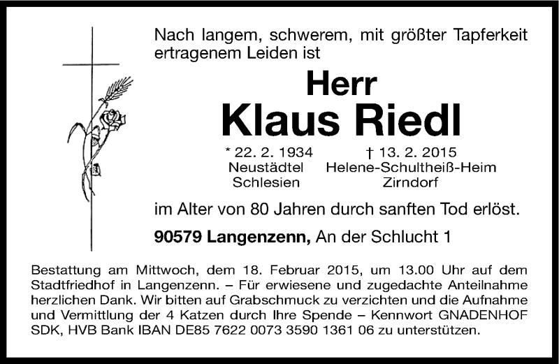  Traueranzeige für Klaus Riedl vom 17.02.2015 aus Fürther Nachrichten Lokal