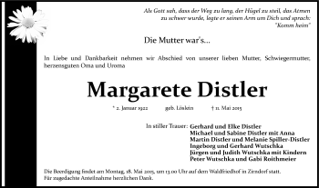 Traueranzeige von Margarete Distler von Gesamtausgabe Nürnberger Nachrichten/ Nürnberger Ztg.