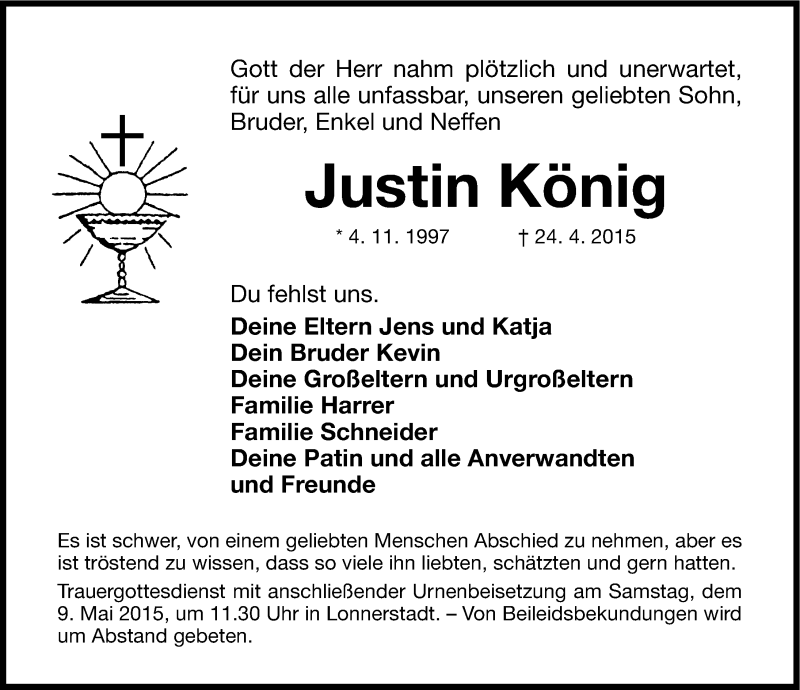  Traueranzeige für Justin König vom 07.05.2015 aus Nordbayerische Nachrichten Herzogenaurach Lokal