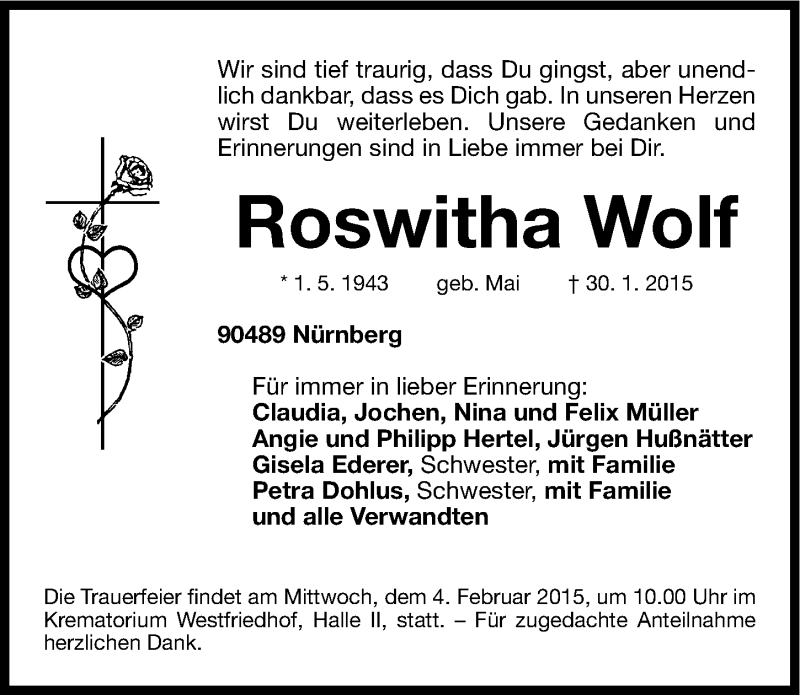  Traueranzeige für Roswitha Wolf vom 02.02.2015 aus Gesamtausgabe Nürnberger Nachrichten/ Nürnberger Ztg.