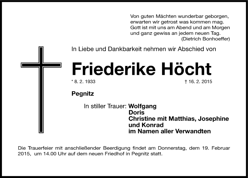  Traueranzeige für Friederike Höcht vom 18.02.2015 aus Nordbayerische Nachrichten Pegnitz Lokal