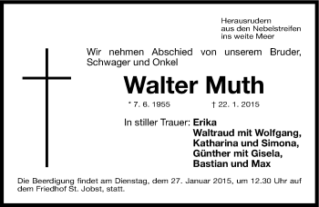 Traueranzeige von Walter Muth von Gesamtausgabe Nürnberger Nachrichten/ Nürnberger Ztg.