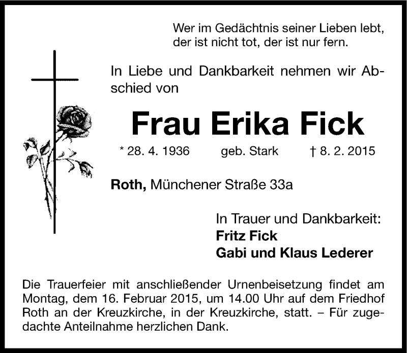  Traueranzeige für Erika Fick vom 11.02.2015 aus Fürther Nachrichten Lokal