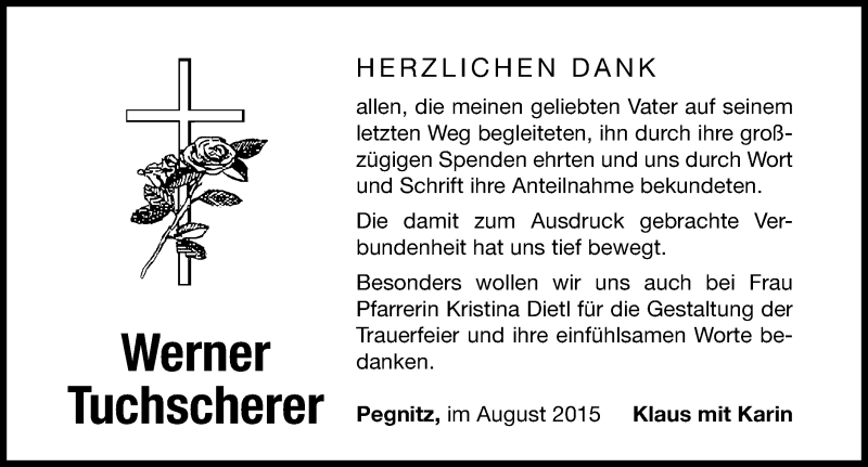  Traueranzeige für Werner Tuchscherer vom 08.08.2015 aus Nordbayerische Nachrichten Pegnitz Lokal