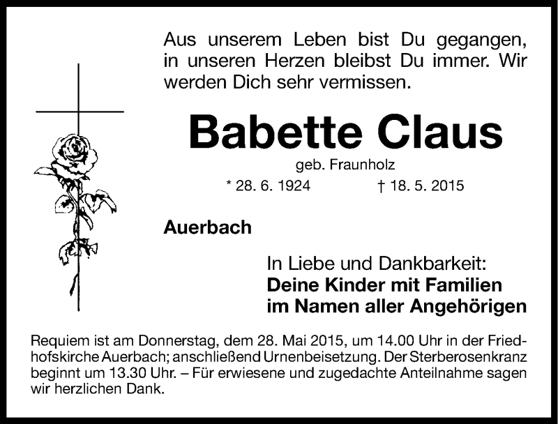  Traueranzeige für Babette Claus vom 22.05.2015 aus Nordbayerische Nachrichten Pegnitz Lokal
