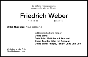 Traueranzeige von Friedrich Weber von Gesamtausgabe Nürnberger Nachrichten/ Nürnberger Ztg.