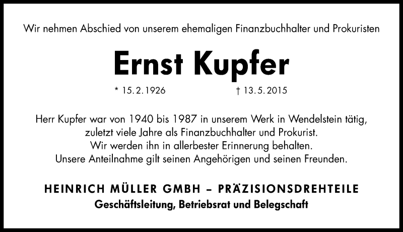  Traueranzeige für Ernst Kupfer vom 19.05.2015 aus Schwabach