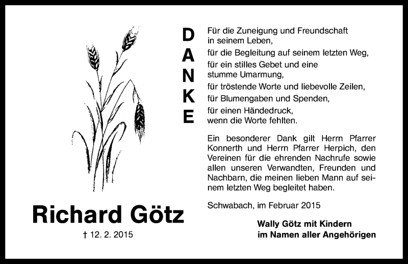  Traueranzeige für Richard Götz vom 21.02.2015 aus Schwabach