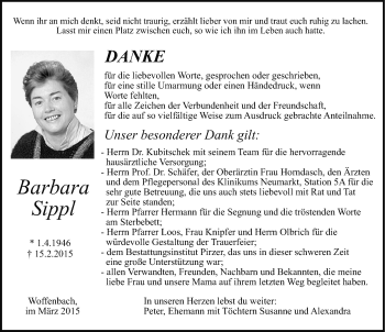 Traueranzeige von Barbara Sippl von Neumarkter Nachrichten Lokal