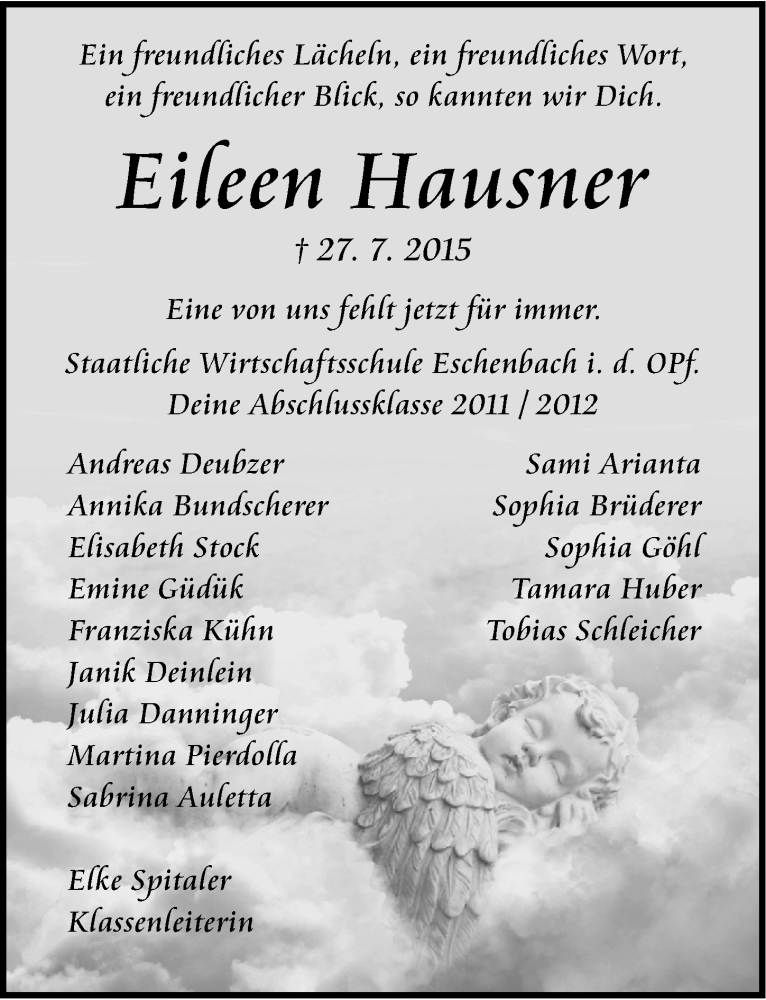  Traueranzeige für Eileen Hausner vom 30.07.2015 aus Nordbayerische Nachrichten Pegnitz Lokal