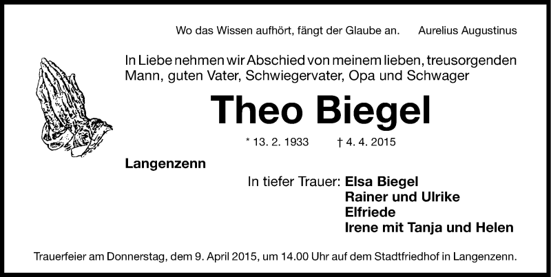  Traueranzeige für Theo Biegel vom 07.04.2015 aus Fürther Nachrichten Lokal