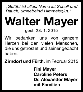 Traueranzeige von Walter Mayer von Gesamtausgabe Nürnberger Nachrichten/ Nürnberger Ztg.