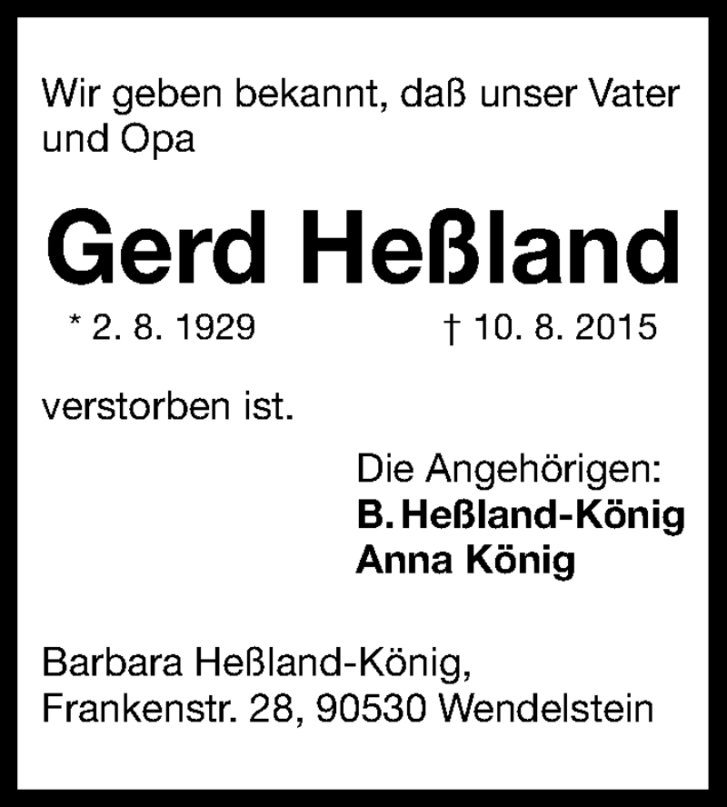  Traueranzeige für Gerd Heßland vom 12.08.2015 aus Gesamtausgabe Nürnberger Nachrichten/ Nürnberger Ztg.