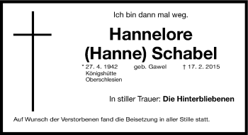 Traueranzeige von Hannelore Schabel von Fürther Nachrichten Lokal