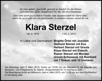 Traueranzeige von Klara Sterzel von Gesamtausgabe Nürnberger Nachrichten/ Nürnberger Ztg.