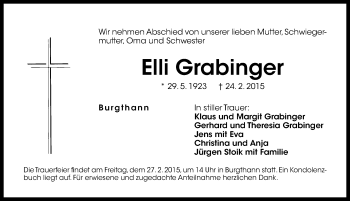 Traueranzeige von Elli Grabinger von Gesamtausgabe Nürnberger Nachrichten/ Nürnberger Ztg.