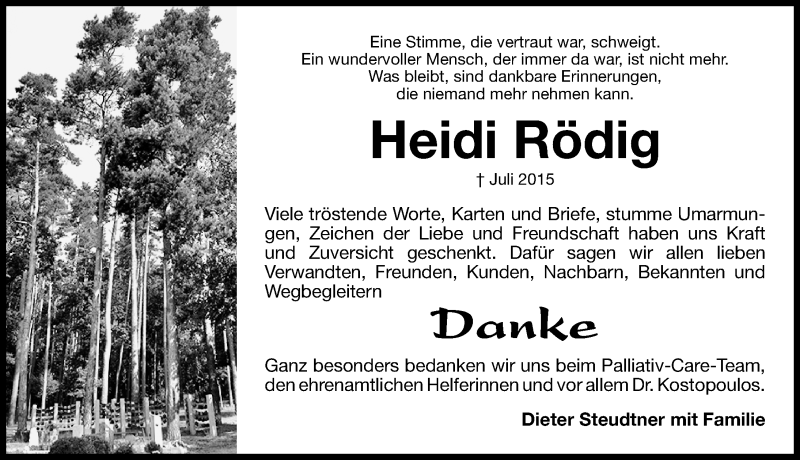  Traueranzeige für Heidi Rödig vom 22.08.2015 aus Gesamtausgabe Nürnberger Nachrichten/ Nürnberger Ztg.