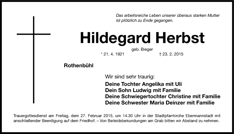 Traueranzeige für Hildegard Herbst vom 25.02.2015 aus Nordbayerische Nachrichten Forchheim Lokal