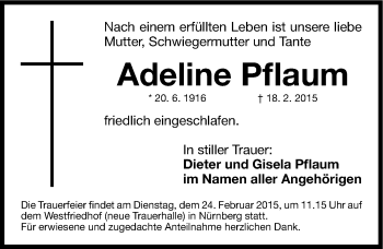 Traueranzeige von Adeline Pflaum von Gesamtausgabe Nürnberger Nachrichten/ Nürnberger Ztg.