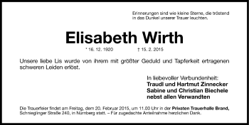 Traueranzeige von Elisabeth Wirth von Gesamtausgabe Nürnberger Nachrichten/ Nürnberger Ztg.