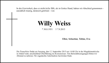 Traueranzeige von Willy Weiss von Gesamtausgabe Nürnberger Nachrichten/ Nürnberger Ztg.