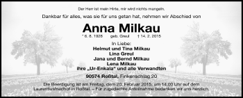 Traueranzeige von Anna Milkau von Fürther Nachrichten Lokal