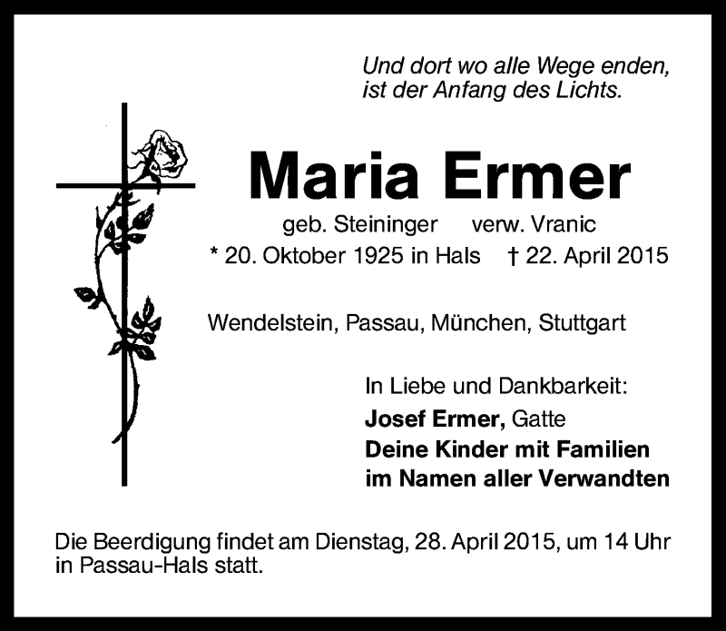  Traueranzeige für Maria Ermer vom 25.04.2015 aus Schwabach